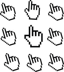 Set of nine hand icons with raised fingers in pixel art style for voting or selection