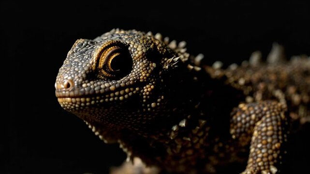 Close-up of a lizard with intricate textures and dark backdrop.
