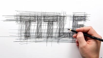 Drawing right hand holding graphite pencil at desk on white paper creating dense crosshatch letters