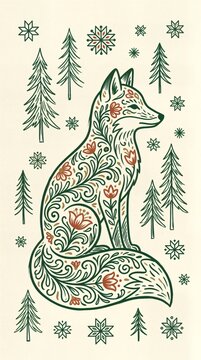 Hand-drawn Scandinavian fox with Kurbits floral accents and subtle analog grain texture 9:16.