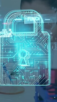 Vertical video: Keyhole glowing, rippling code, padlock showing cyber status, female hidden