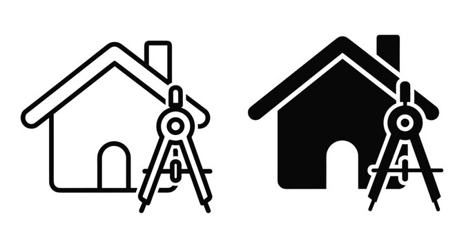 house architecture icon set with drafting compass tool for construction planning building design engineering project development real estate blueprint symbol
