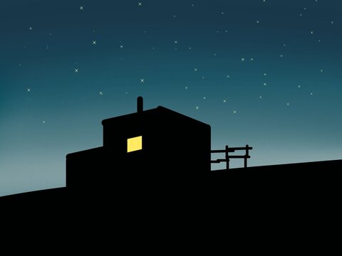 Celestial Solitude: A simple silhouette of a lone house sits under a blanket of stars. The soft glow of light spilling from its window, evoking a sense of calm and isolation