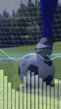 Vertical video: Player pressing cleat, rolling ball toward goal for shot, sports HUD tracking path