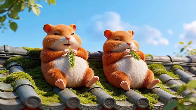 Two hamsters resting on a mossy roof