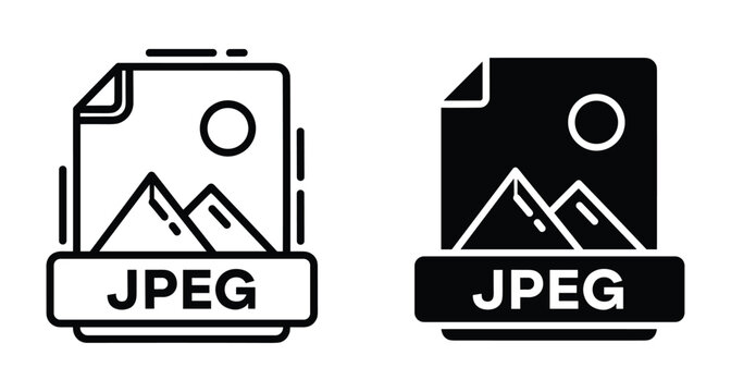 JPEG file format icon set showing image document with mountain landscape symbol in outline and solid black graphic styles
