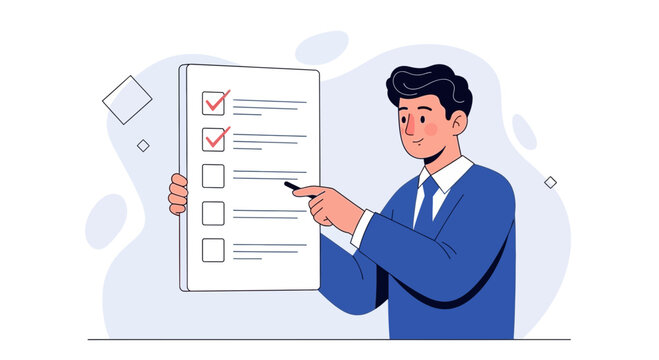 Man in suit pointing at checklist with checkboxes and tick marks, business concept