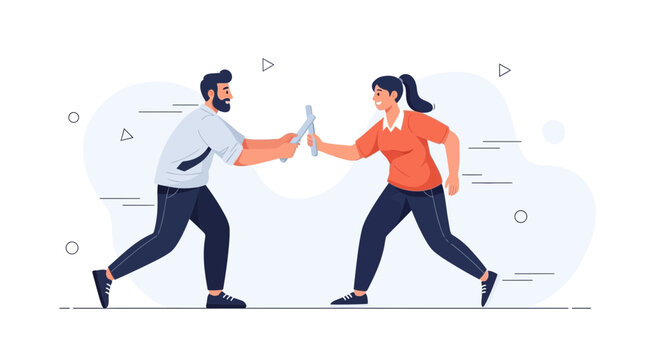 Teamwork relay race: man passing baton to woman, business concept, collaboration