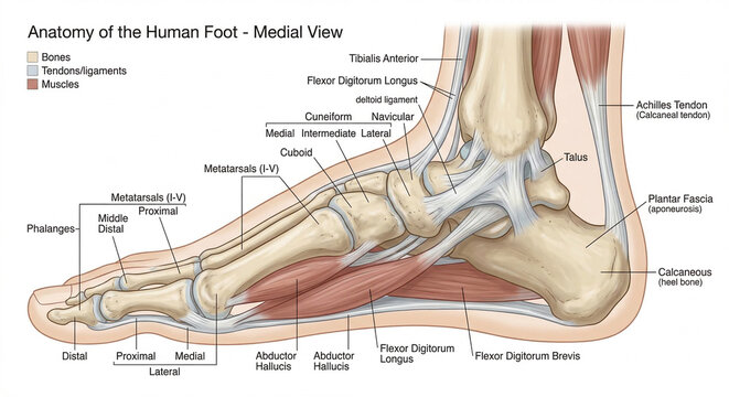 Human foot anatomy medial view showing bones, muscles, and ligaments suitable for medical education, podiatry websites, and anatomy textbooks.
