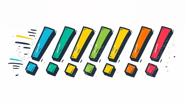 Displaying pop-art with seven 3D exclamation marks on white canvas, matching dots, motion, paint