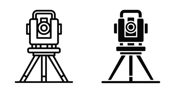 Surveying total station theodolite instrument on tripod icon set for construction engineering land measurement geodetic mapping and architectural site planning