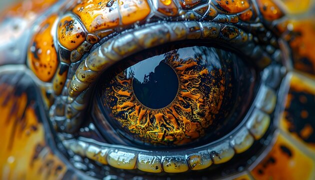 Macro Shot of a Turtle Eye with Intricate Orange and Black Patterns