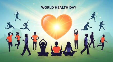 World Health Day concept with silhouettes of active people running, practicing yoga, and exercising, with a radiant heart symbol illuminating the scene.