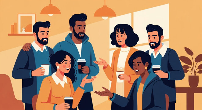 Diverse group of people enjoying coffee together indoors.