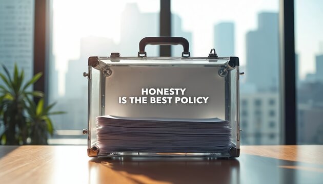 Transparent briefcase sits on desk holding papers. Text states Honesty is the best policy. Office window view behind. Corporate values concept.