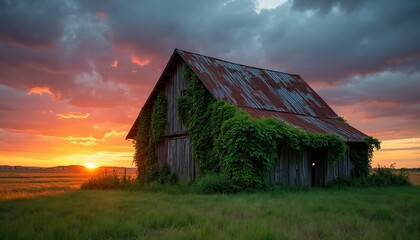 Obraz premium Old rustic barn covered in green vines stands in a grassy field. Sun sets creating an orange and red sky. Nature reclaims abandoned countryside farm structure.