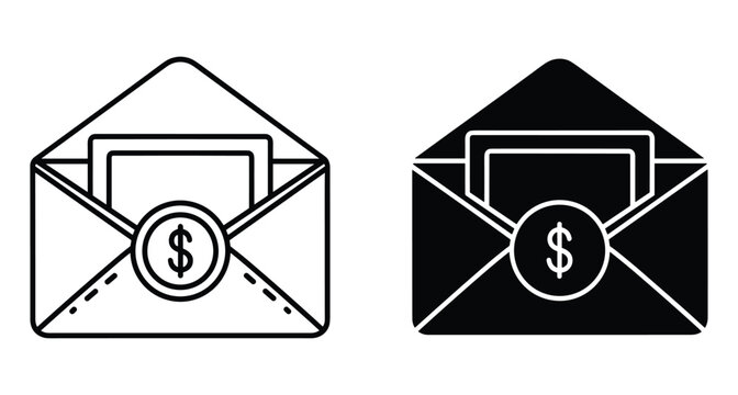 Open envelope with dollar sign coin seal containing paper card in outline and solid black vector icon styles for payment salary bonus donation financial mail business transaction