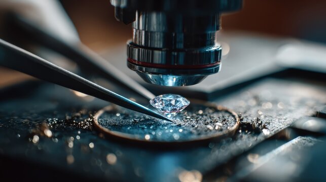 A jeweler setting a diamond for the engagement ring with precision tool under magnifying glass.