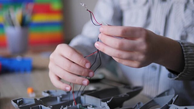 Child Hands Holding Glowing Red LED and PCB Circuit Board While Building Scale Model Kit &mdash; Young Electronics Hobbyist, STEM Learning, Hands-On Maker Activity Close Up