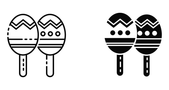 Maracas musical instrument icon set featuring outline and solid black glyph styles for percussion rhythm celebration carnival and latin music design