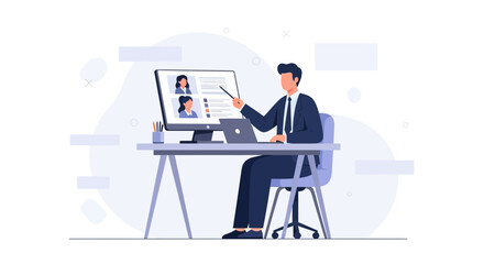 Fototapeta premium Man in suit conducting online meeting with colleagues via video conference