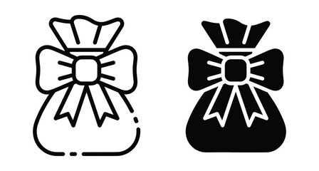 Fototapeta premium Gift bag icons with ribbon bow for celebration surprise present package set in outline and solid silhouette flat vector style