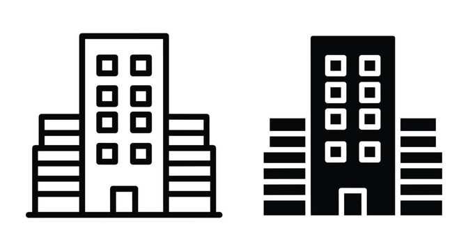 Office building icon set with outline and solid glyph styles representing urban architecture skyscraper apartment city real estate business center