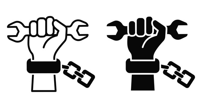 Hand holding wrench with broken chain symbol representing labor freedom worker rights industrial empowerment and liberation from forced work conditions