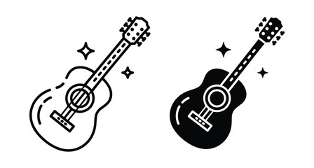 Fototapeta premium Acoustic guitar icon set featuring outline and solid silhouette styles with sparkle accents for music branding and creative design projects