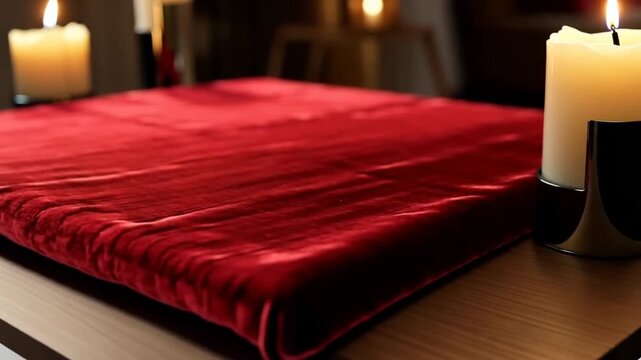 Close-up of a neatly made red bed in a dimly lit room