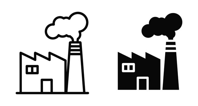Factory building icon set with chimney smoke representing industrial manufacturing plant production facility energy power station environmental pollution carbon emissions