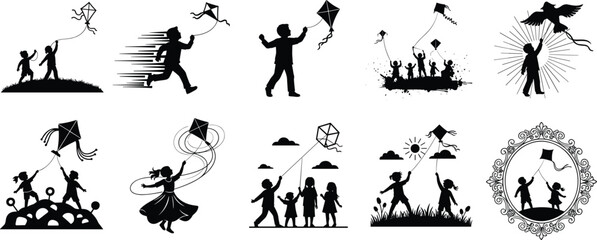 Obraz premium Kids flying kite silhouettes collection showing children playing outdoors with kites, joyful childhood activity and family fun isolated on white background