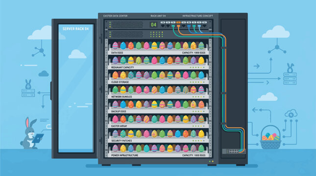 Easter Eggs Server Rack Vector Illustration with Cloud Computing and Data Storage for Holiday Tech Concepts and Marketing