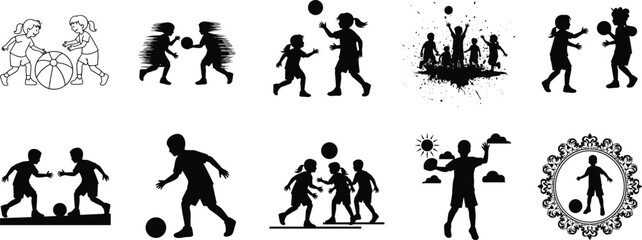 Obraz premium Kids playing soccer silhouettes collection featuring children dribbling, passing and kicking football, black vector set of playful outdoor sport activity illustrations