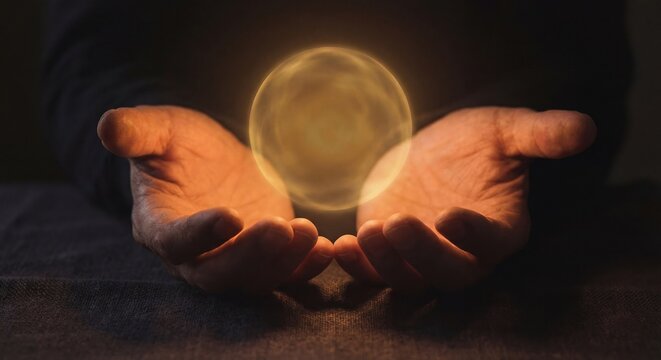 Open palms holding a hovering, glowing golden sphere of light in the dark, symbolizing absolute honesty, trust, transparency, and safe intentions.