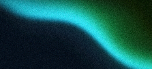 Glowing grainy background, vibrant blue green abstract wave shape on dark backdrop, noise texture header, banner, poster, wallpaper design