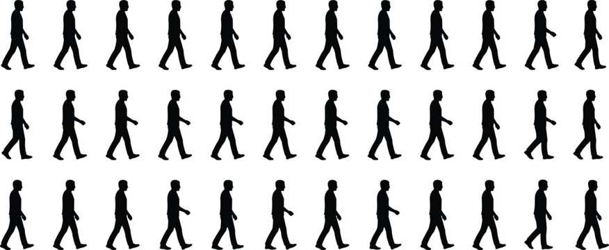Man walking silhouette sequence collection showing step by step motion poses, male side view walking cycle isolated on white background for animation and design