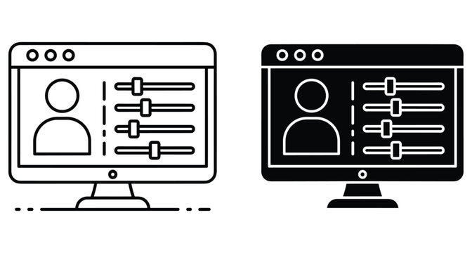 User profile settings interface on computer monitor screen with adjustment sliders and person icon in outline and solid styles