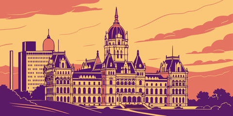 Fototapeta premium USA, US, U.S, United States - Albany Skyline at Sunset – Glowing Capitol Buildings, Panoramic Cityscape, and Historic Architecture in the United States