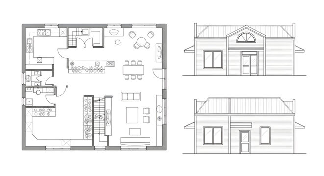 Bakery Floor Plan Blueprint Vector &ndash; Baking Shop Layout Multi View Technical Line Drawing Isolated on White