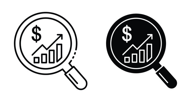 Magnifying glass icon showing dollar sign and rising bar chart for financial analysis market research investment growth and profit monitoring
