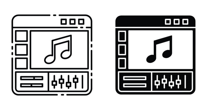 Music production software interface icon set featuring digital audio workstation window with musical note sliders faders and sound editing software icons