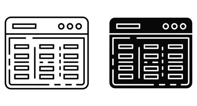 Web browser window interface showing spreadsheet data table with columns and rows in outline and solid black glyph icon styles