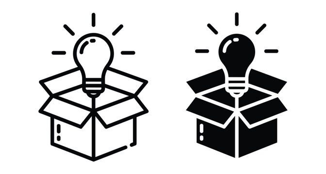 Lightbulb coming out of an open box icon set representing creativity innovation thinking outside the box and new business ideas