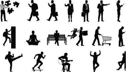 Fototapeta premium People silhouette collection with various activities including business, shopping, meditation, sports, music and daily lifestyle poses, human action icons isolated on white