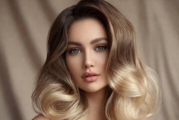 Fototapeta premium A woman with blonde hair and makeup is posing for a portrait. She’s in a studio setting with draped fabric as a backdrop.
