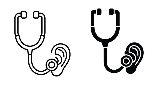 Stethoscope and ear icon set representing medical hearing examination diagnostic tool for otology audiology health checkup clinical equipment vector illustration