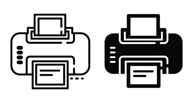 Printer icon set featuring outline and solid black glyph styles for office equipment hardware document printing and digital technology interface design