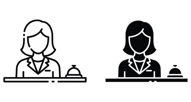 Female receptionist icon set featuring a woman at a service desk with a concierge bell in outline and solid styles