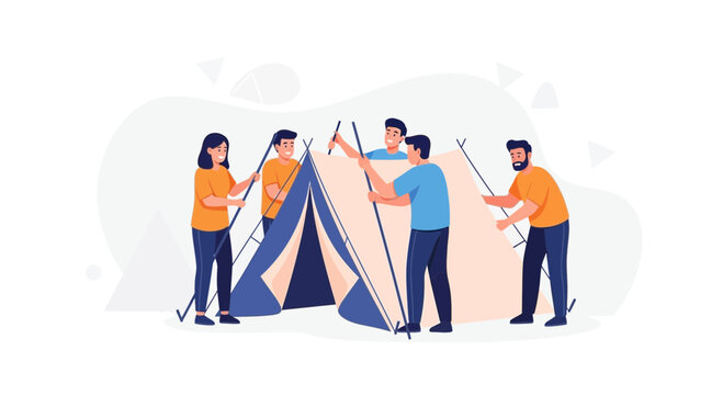 Team Setting Up Tent Together, Camping Activity, Outdoor Recreation, Group Effort